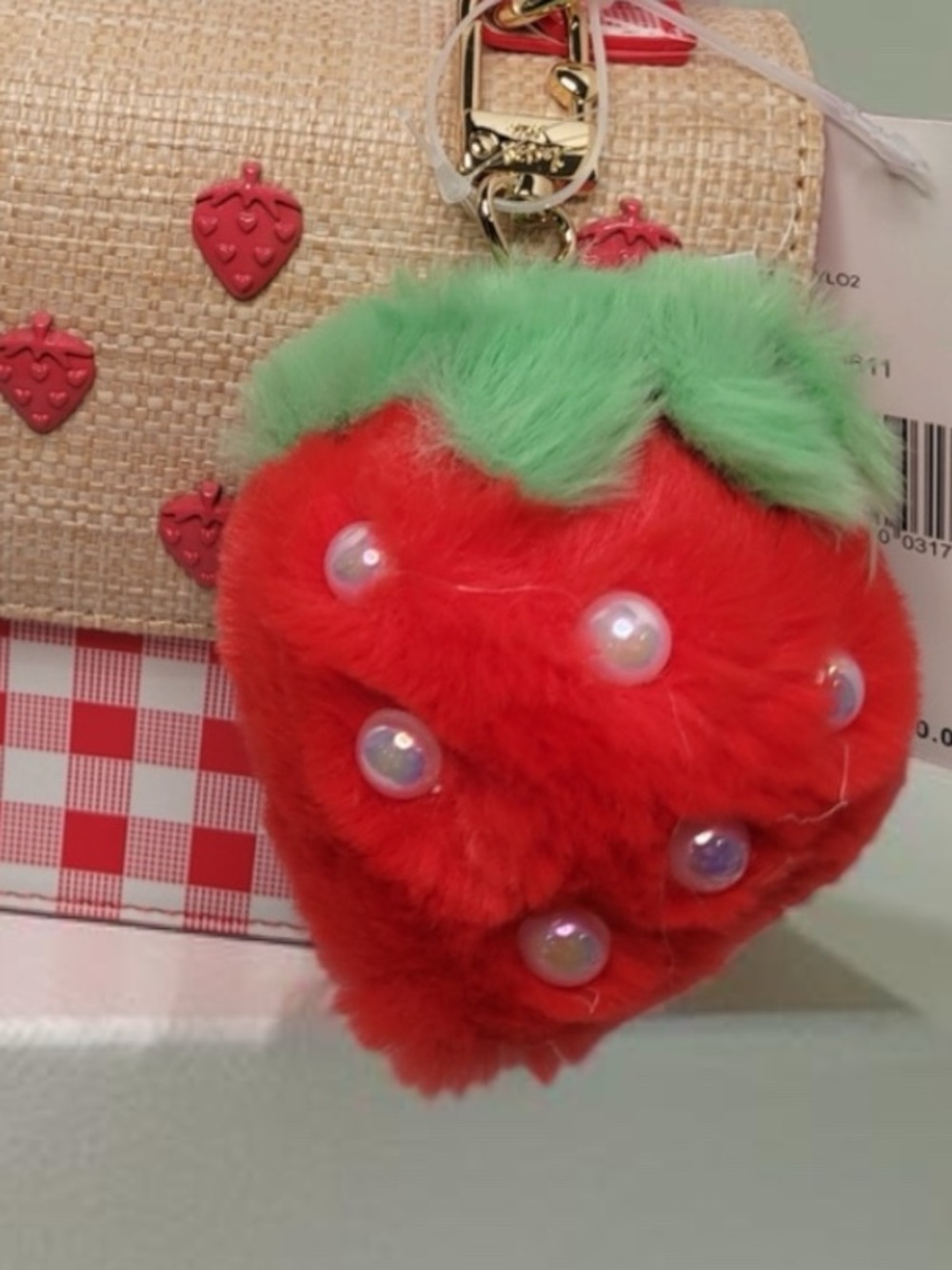 BETSEY Johnson strawberry gingham straw Crossbody bag NWT Red white picnic - Picture 3 of 13